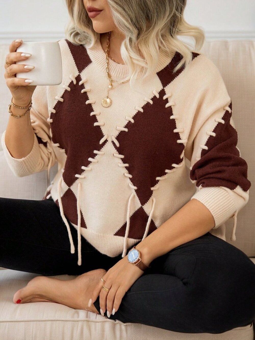 Beige Casual Women's Plus Size Argyle Contrast Crew Neck Knit Sweater Pullover